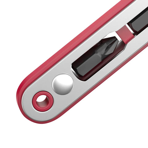 Close-up of a Must Have Compact Magnetic One Quarter Inch Mini Ratchet Wrench with 90 Degree Right Angle Screwdriver, showing tool bit and magnetic holder.
