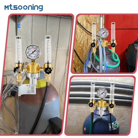 Dual Output Argon Regulator With Flow Meter For MIG TIG Welding 0-60 CFH, CGA580 Inlet And 5/8 UNF 18 RH Outlet in use