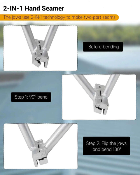 Dual jaw Two In One Standing Seam Roofing Hand Seamer Tool for metal roof panel bending and seaming, shown in use at 90° and 180° angles.
