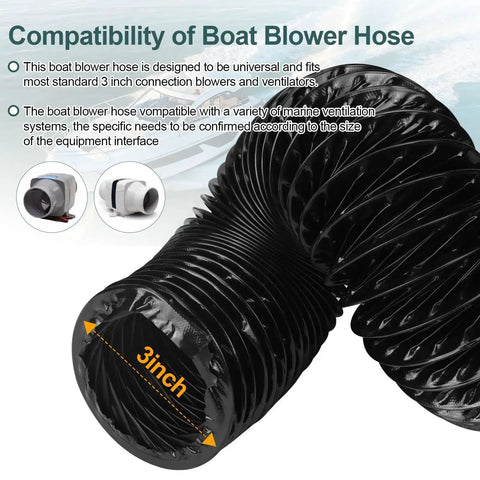 3-Inch Marine Blower Hose Replacement For Boat Vent Bilge Blower Exhaust Fan, Heavy-Duty 10 Feet Black Flexible Duct Hose