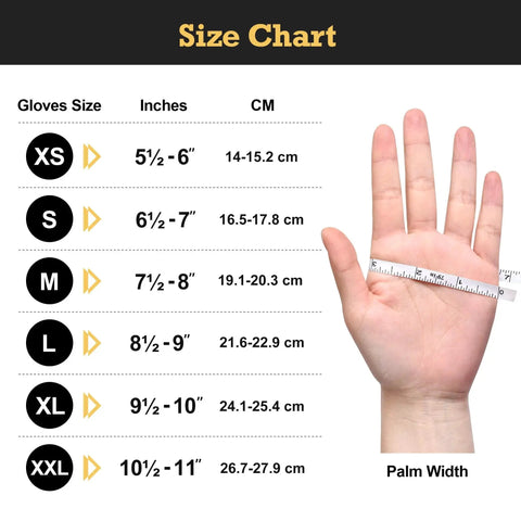 Size chart for Heavy Duty Nitrile Exam Gloves 6 Mil Black XL 100 Count Latex Free For Food Prep with hand measurement guide