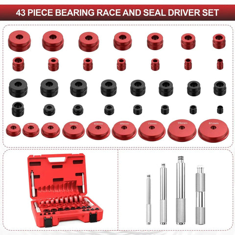 43 Piece Bearing Press Kit With Bearing Race And Seal Driver Set for professional seal installation, red and black components displayed.