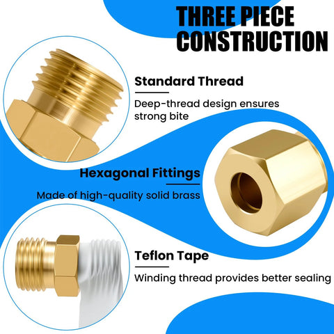 Brass compression tube fittings, 4-piece set, 1/4 in OD to 1/4 in OD, ice maker water line connectors.
