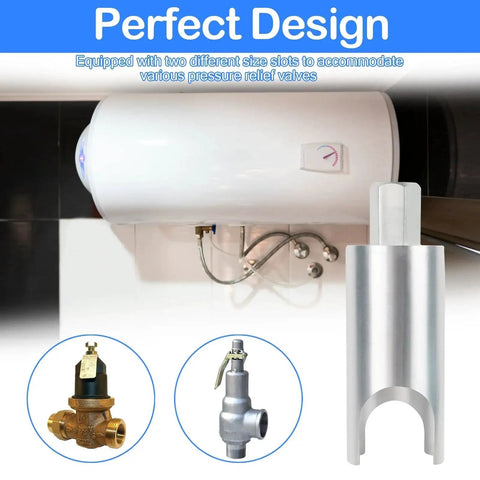 RV Water Heater Pressure Relief Valve Remover Socket Tool with 7/8 inch wrench fitting, mounted on water heater.
