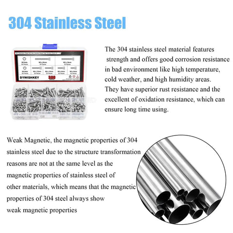 Hex Socket Head Cap Bolts And Nuts Kit Stainless Steel 304 M3 Set 360 pieces with storage box and close-up of steel pipes