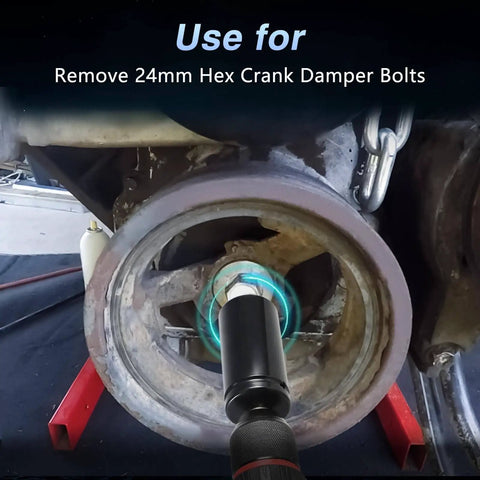 24mm Harmonic Balancer Socket One Half Inch Drive Heavy Duty Deep Well 6 Point Impact Socket in use on GM LS engine
