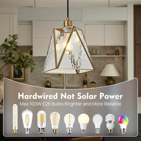 Copper Brass Pendant Light With Water Ripple Glass Lampshade, 10.2 Inch Geometric Pendant Lighting in kitchen setting.