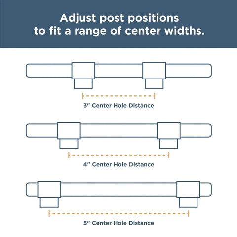 Diagram showing Matte Black Adjustable Drawer Pulls 5 Pack Fits 1-3/8 To 4 Inch Hole Centers for adjustable post positions.