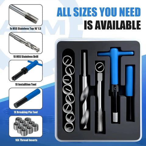 15 Piece M16x1.5 Thread Repair Kit Set With Stainless Steel Wire Coil Inserts For Durable Permanent Internal Thread Repairs In Aluminum And Metal Surfaces, showing tools and inserts in packaging.
