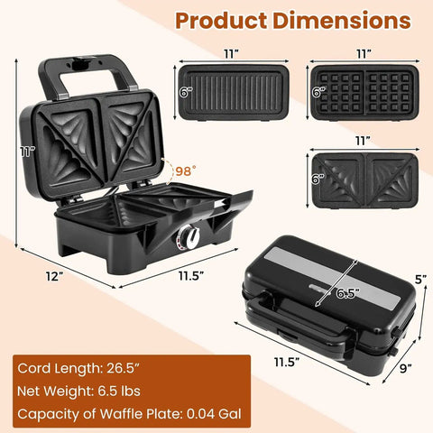 3 In 1 Sandwich Maker Waffle Maker With Removable Plates And Panini Press dimensions diagram showing plates and measurements