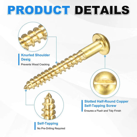 Brass Round Head Wood Screws M3 X 25mm Slotted Self-Tapping, 60 Pcs, with knurled shoulder, shown in detail