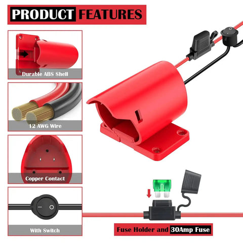Power Wheel Adapter 12V Battery Conversion Kit with switch, fuse, 12AWG wire, and copper contact, close-up view of components