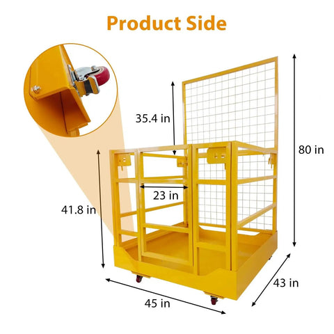 Forklift Safety Cage With Wheels 1400 Lb Capacity Collapsible Aerial Platform side view with measurements and steel construction.