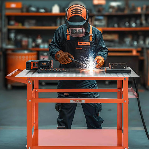 Welder using Beefy 40-Inch By 24-Inch Welding Table On Wheels With 800 Lbs Static Load And 600 Lbs Dynamic Capacity in workshop