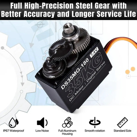 Waterproof 35Kg Beefy Torque RC Steering Servo with full metal gear, image shows steel gear internal view and specifications