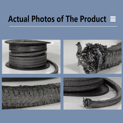 DRISSA expanded graphite braided packing, 4x4mm, 3m, black; for pump glands and mechanical seals – four-view collage