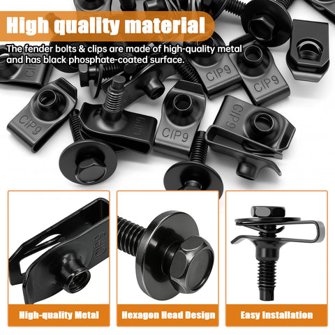 All In One M6 1.0 Fender Liner Screw And U Nut Clips Kit with metal hex head bolts and U-shaped nut clips laid out on a surface.
