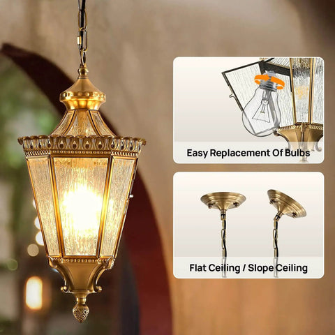 Copper Outdoor Pendant Light With Waterproof Anti Rust Finish, brass hanging fixture shown installed with bulb details