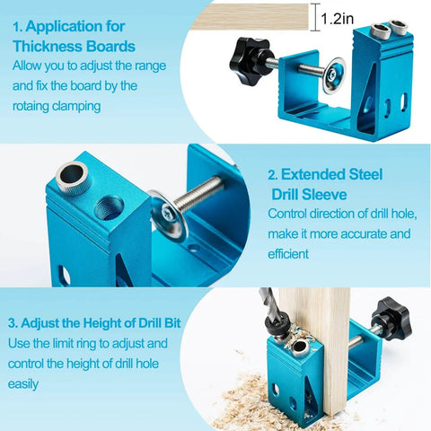 Pro Grade All In One Pocket Hole Jig Kit for precise dowel drill joinery in woodworking, showing adjustable clamp and drill sleeve.