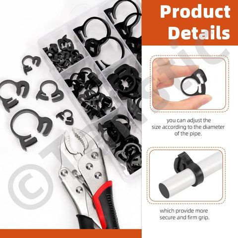 56 Pieces Nylon Hose Clamps Set In 5 Sizes Double Snap Grip Heavy Duty Ratcheting Clamps shown with snap fastener tool.