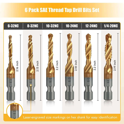 All In One Drill And Tap Set Six Pack With High Efficiency HSS Titanium Drill Bits And Thread Taps For Quick Change Hex Shank One Quarter Inch For SAE Sizes Six 32 8 32 10 32 10 24 12 24 displayed front view showing each bit size