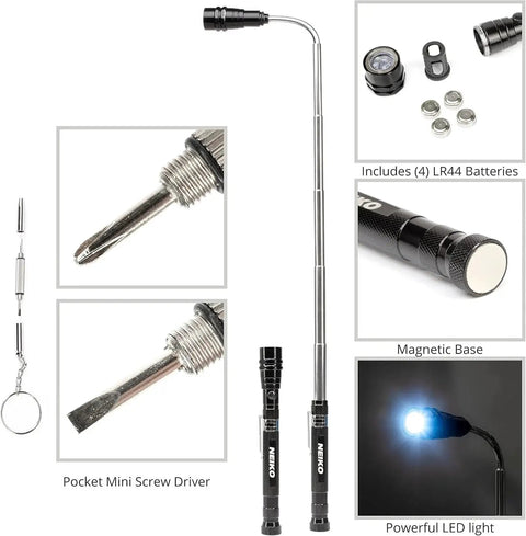 Extendable Magnetic Pickup Tool Set With LED Flashlight And Telescoping Mirror NEIKO 20736A 360 Degree Swivel illustration.