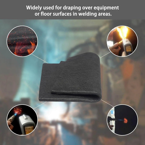 Heavy Duty High Temp Welding Blanket 12x12 Inches, 6mm Thick Felt Carbon Fiber Shield For Heat Protection During Welding, Soldering, Grinding, and Forge Work, shown folded with sparks and heat in background.