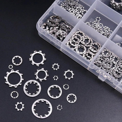 Hilitchi 400-pc 304 stainless steel external and internal tooth star lock washer set in plastic organizer.
