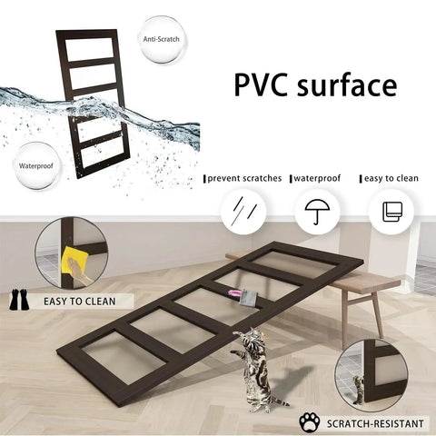 36 Inch By 84 Inch Glass Barn Door With 6.6 Foot Sliding Door Hardware Kit Included And Handle Five Panel Frosted Glass Solid Wood Slab With Waterproof PVC Surface For Privacy And Durability Pre Drilled For Easy Assembly Brown laying flat on wooden floor showing waterproof and scratch-resistant features with cat climbing.