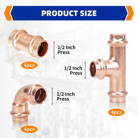 Znkiok 12-pack copper Propress fittings set, 1/2 in press tees, elbows, and couplings (4 pcs each)