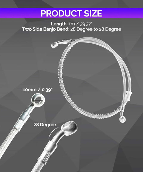 39.37 Inch Long Motorcycle Hydraulic Brake Line With Stainless Steel Braided Hose 10mm ID shown with specs and bends.