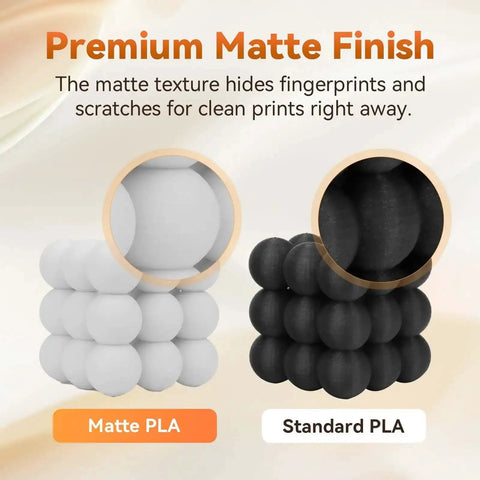 Graphic comparing Matte White PLA Filament 1.75mm 1kg Spool to standard PLA, highlighting premium matte finish and reduced fingerprint visibility.