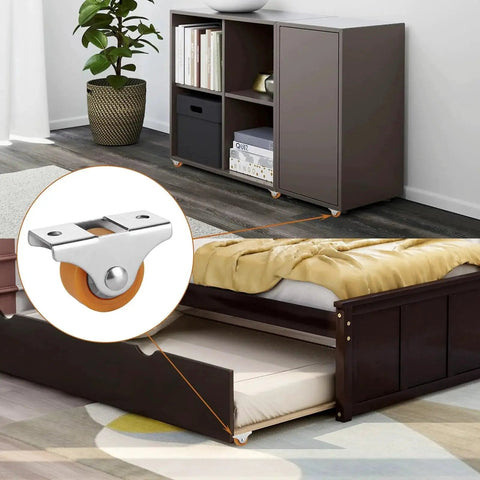 24 Pcs 1 Inch Caster Wheels With Metal Top Plate For Furniture Rolling Cabinets Trundle Beds And Drawers Silent Ball Bearing TPR Wheel Includes 60 Screws Durable Chrome Plated Steel Construction Lightweight Easy To Install. Image shows caster wheels installed on cabinet and trundle bed.
