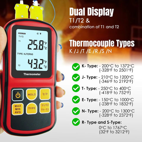 Red handheld thermocouple thermometer with dual LCD display and two yellow K-type probes