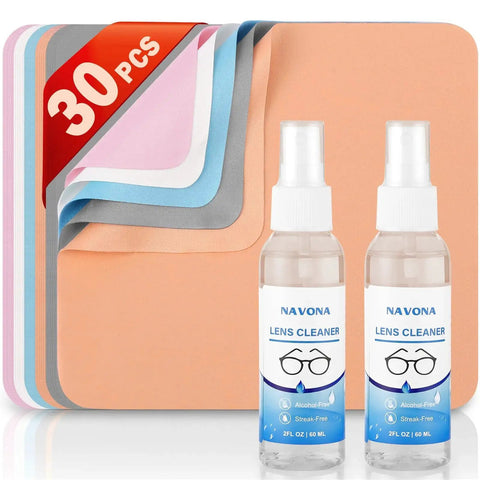 30 Pack Microfiber Cloths For Glasses And Electronics With 2 Lens Sprays displayed with colorful cloths and bottles