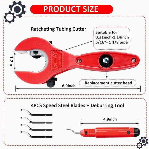 Ratcheting Tubing Cutter For Copper And Metal Pipes Two In One Close Quarters Cutter With Deburring Tool Boxed Set Red Handle
