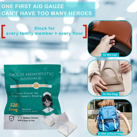 Advanced Stop The Bleed Gauze For Rapid Hemostatic Wound Packing In Medical And Survival Kits Kaolin Infused Combat Gauze packaging