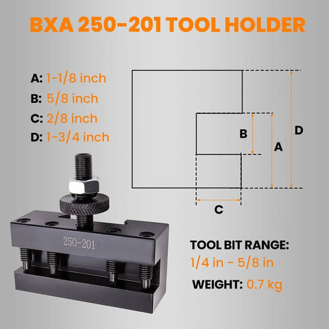 Diagram and photo of BXA 250-201 tool holder with dimensions and tool bit range, showing steel construction and adjustment screws.