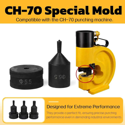 Heavy Duty Round Punch Die For CH-70 Hydraulic Press, Precise Metal Punching Die, yellow press machine and black dies shown