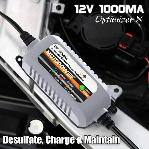 All-in-One 12V Battery Charger, Maintainer, Trickle Charger and Desulfator With Timer Protection - Compact device connected in engine compartment.