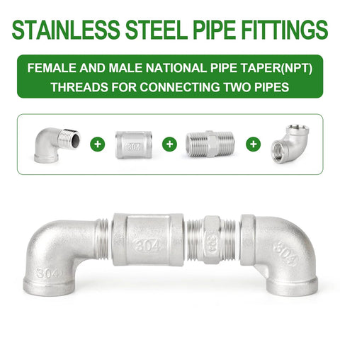 TAISHER 8-piece 304 stainless steel pipe fittings kit with 90-degree elbow, hex bushing, 3/8 NPT coupling