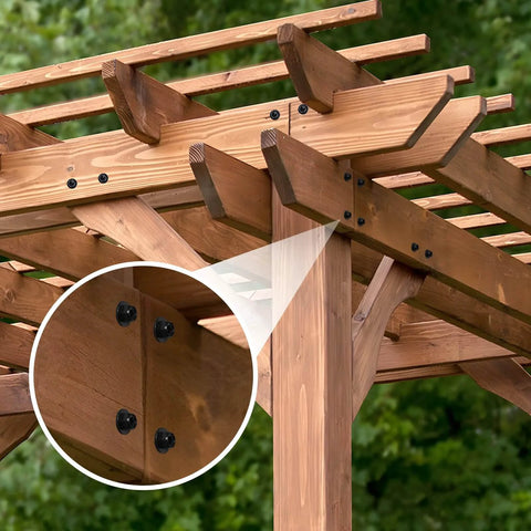 Close-up of hex head lag screws in wooden pergola, showing installation with 14 By 6 Inch Wood Structural Screws - 50 Pack Hex Head Lag Screws, Tough As Nails Rust Resistant Timber Fasteners for Timber, Log, Decks, Fences, And Landscaping Wood, ACQ Treated Lumber Compatible, Heavy Duty Rustproof Build.