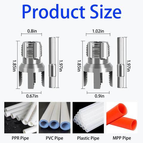 Two Pack Dual Function Pipe Threader Kit For Home DIY Internal And External PVC Cutter With One Half Inch And Three Quarter Inch Dies Electric Drill Compatible, showing sizes and compatible pipes
