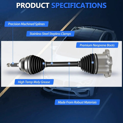 Front CV Axle Pair For 2007-2020 Chevy Silverado 1500 Suburban 1500 Tahoe Avalanche And Cheyenne 4WD Shaft Assembly Replacement Tough Durable Heavy Duty Beefed Up Performance Upgrade showcasing product specifications including high temp moly grease and premium neoprene boots.