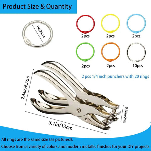 Two Pack Quarter Inch Hole Punch Set With Twenty Binder Rings Ten Silver And Ten Colorful For DIY Crafts And Legit Organization