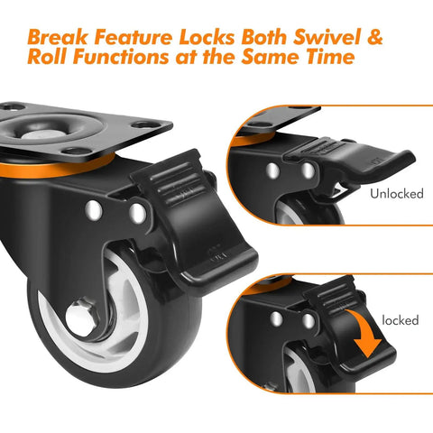 Heavy Duty 3-Inch Locking Swivel Casters With Brakes, close-up of brake feature, 1000 lb capacity, polyurethane wheels on steel frame