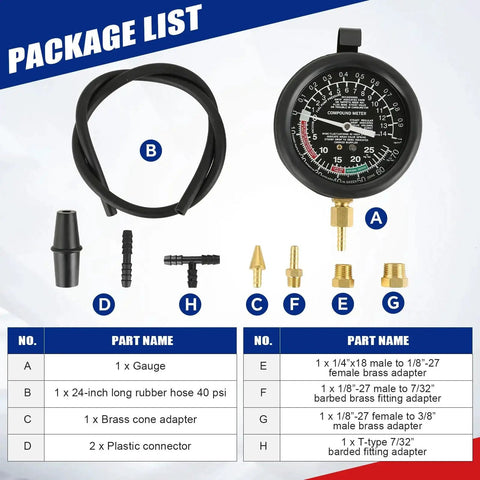 Vacuum And Fuel Pump Tester Kit For Engine Pressure And Carburetor Diagnostics with gauge, hose, and adapters laid out
