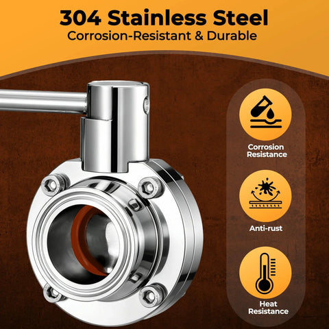 1.5 inch sanitary butterfly valve, stainless steel 304 with pull handle and tri-clamp ends, Amazon brand
