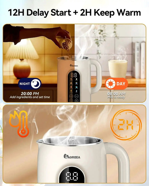 Front view of IAGREEA 10-in-1 nut milk maker with white body, digital display, stainless steel lid.