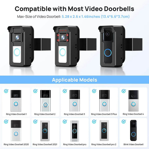 No Drill Doorbell Mount Anti Theft Holder For Video Doorbells With 3 Way Adjustable Base displaying various compatible models.